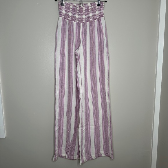 Rewash Pants - REWASH Women's Striped Smocked Waist Wide Leg High Rise Linen Blend Pants Size S